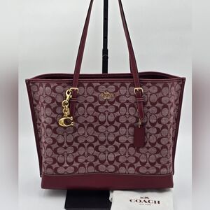 Coach Mollie Large Signature Jaquard/ Leather Tote In Wine